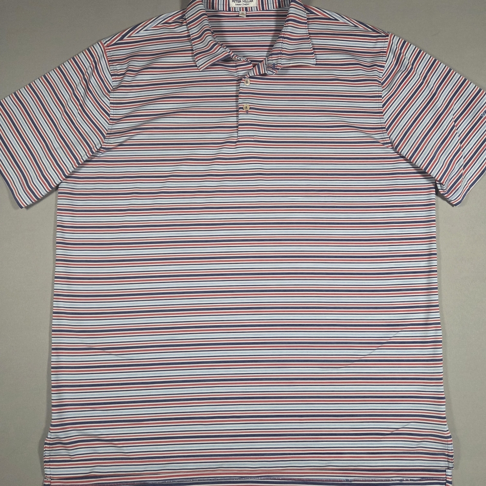 Peter Millar Men's Striped Polo Shirt - White with Red & Navy Stripes